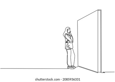 Single one line drawing Arabian businesswoman thinking in front of big obstacle or wall. Representing risk management. Finding solution and problem solving concept. Continuous line draw design vector