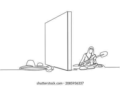 Single one line drawing Arabian businesswoman digging tunnel under wall or obstacle on border or on path to success. Starting new business company to reach goal. Continuous line design graphic vector