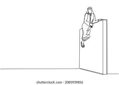 Single one line drawing Arabian businessman overcame wall obstacles that blocked him and conquered adversity. Overcome difficulties to achieve victory. Continuous line draw design vector illustration