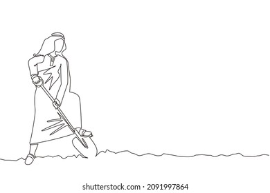 Single one line drawing Arabian businessman digging in dirt using shovel. Man dig ground with spade. Business metaphor. Hard working process. Continuous line draw design graphic vector illustration