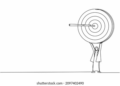 Eine einzige Linie, die arabische Geschäftsfrau zeichnet, die ein großes Ziel mit Pfeil hält. Frauenmanager mit dem Ziel als Symbol für Erfolg Idee. Modern-Stetig-Liniendesign, Vektorgrafik