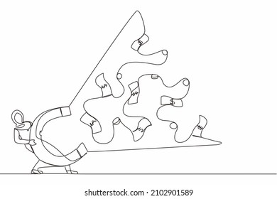 Single one line drawing Arabian businesswoman using big magnet to attract money. Making money, successful business idea, financial success, gain, and profit. Continuous line draw design graphic vector