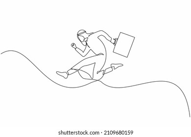 Single one line drawing Arabian man jumping to show his success. Businessman carrying briefcase is jump from point to point on white background. Continuous line draw design graphic vector illustration