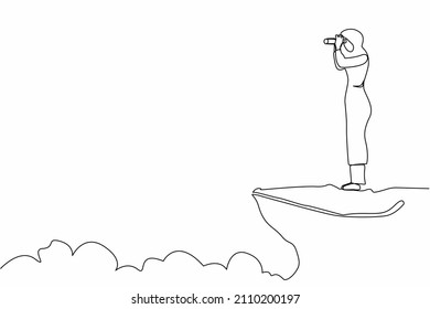 Single one line drawing Arabian businesswoman looking in binoculars standing on cliff. Business vision concept, leadership, achievement, target. Continuous line draw design graphic vector illustration