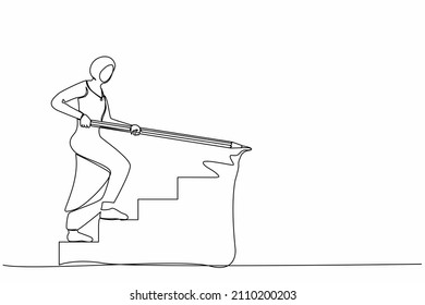 Single one line drawing Arabian businesswoman use huge pencil to draw rising up stairs, walk climbing up ladder. Strategy reach business target, career path achievement. Continuous line design vector