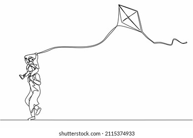 Single one line drawing Arabian father carrying son on shoulders, playing and running with kid. Daddy and his child flying kite isolated on white background. Continuous line draw design graphic vector