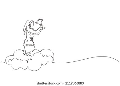 Single one line drawing Arabian businesswoman holding trophy in cloud. Showing award celebrate her victory in sky. Business success goal achievement. Winning competition. Continuous line design vector