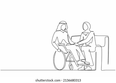 Single one line drawing Arabian couple with disability man in wheelchair holding hands with woman sitting on sofa. Assistance rehabilitation of disabled person. Continuous line design graphic vector
