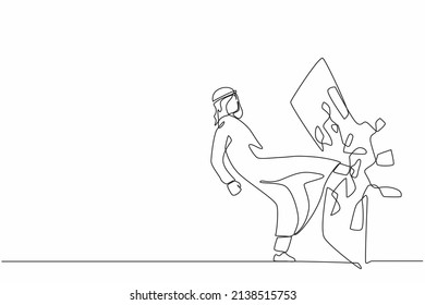 Single one line drawing Arabian businessman kicked mirror and shattered it. Breaking impossible barrier. Business motivation, breakthrough concept.  Continuous line design graphic vector illustration