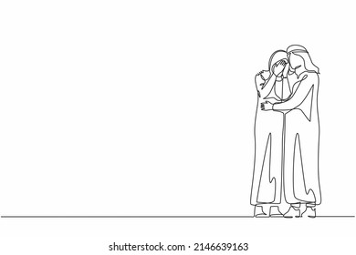 Single one line drawing Arabian man hugging soothing sad depressed frustrated crying woman holding shoulders and discussing problems. Support, stress, depression. Continuous line design graphic vector
