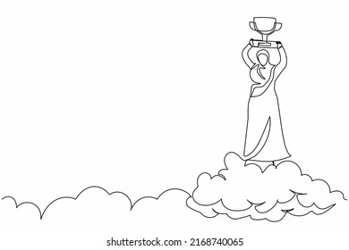 Eine einzige Zeile, die arabische Geschäftsfrau, die Trophäe in der Wolke hält zeichnen. Ziel des Unternehmenserfolgs. Preisgekrönter Preiswettbewerb feiern. Grafische Vektorgrafik für kontinuierliche Zeilenzeichnung