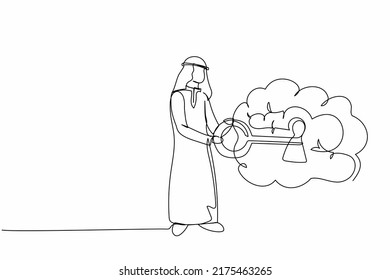 Single one line drawing Arabian businessman putting key into brain. Unlock personality for better healthy. Open mind. Mental health care, psychology. Continuous line design graphic vector illustration