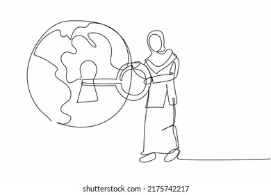 Single one line drawing Arabian businesswoman put key into globe. Save world from global warming. Security data safety in internet or digital crime. Continuous line design graphic vector illustration