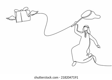 Single one line drawing Arabian businessman try to catching flying gift box with butterfly net. Losing package in shipping. Business metaphor. Continuous line draw design graphic vector illustration
