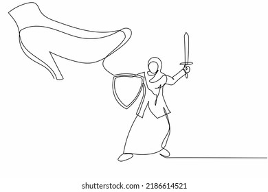 Single One Line Drawing Arabian Businesswoman Fight To Giant Foot With Shield And Sword. Office Worker Against Boss Big Shoe Stomp. Minimal Metaphor. Continuous Line Design Graphic Vector Illustration