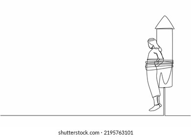 Single one line drawing Arabian businessman being tied to launching rocket, feeling anxious and scared. Fear of economic disaster. Business failure. Continuous line design graphic vector illustration