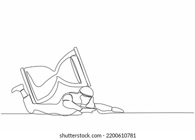 Single one line drawing of Arabian businessman under heavy hourglass burden. Office employee with deadline problem. Schedule of business tasks. Continuous line draw design graphic vector illustration