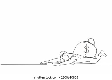 Una sola línea que dibuja a un hombre de negocios árabe bajo una pesada carga de bolsas de dinero. El dinero de la crisis financiera se cae. Crisis económica debido a la pandemia. Ilustración de líneas continuas moderna de diseño gráfico vectorial