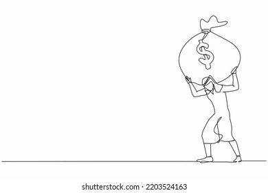 Single one line drawing Arabian businessman carrying heavy money bag on his back. Stressed entrepreneur loss money. Financial crisis due to pandemic. Continuous line graphic design vector illustration