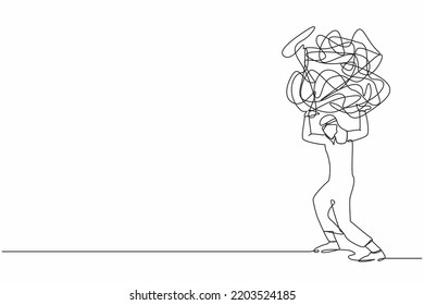 Single one line drawing Arabian businessman carrying heavy messy line on his back. Problem in economic crisis, pressure from too much responsibility. Continuous line design graphic vector illustration