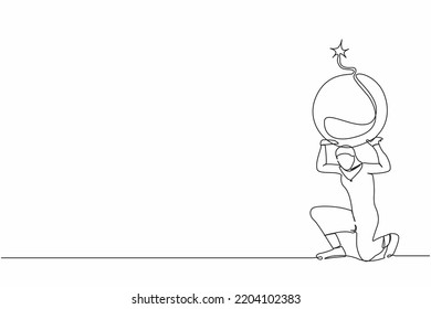 Single one line drawing Arabian businesswoman carrying heavy bomb on her back. Stressed office employee due to debt explosion. Financial crisis problem. Continuous line draw design vector illustration