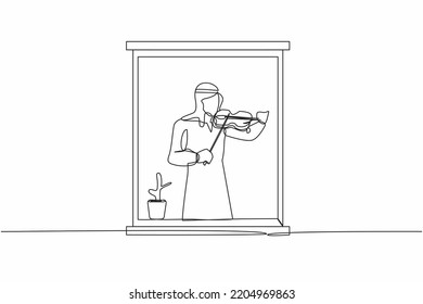 Single one line drawing Arabian man musician standing near window and playing violin in cozy room at home. People staying at home in self quarantine. Continuous line graphic design vector illustration