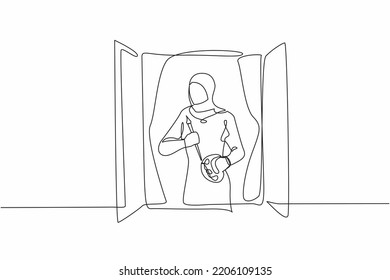 Single one line drawing Arabian woman painter drawing near window. Female holding paint brush and palette, sketching on canvas. Artist painting at home. Continuous line draw design vector illustration