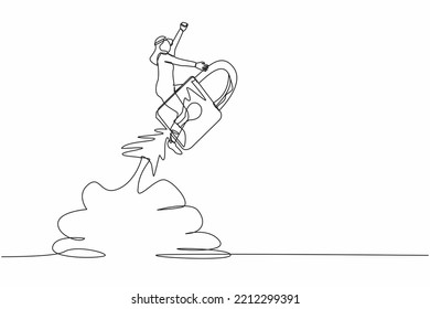 Single one line drawing Arabian businessman riding padlock rocket flying in the sky. Improve startup business security. Keep high value of finance. Continuous line design graphic vector illustration