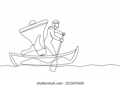 Una sola línea que dibuja a un hombre de negocios árabe navegando en bote con megáfono. Líder de mando, control a través de megáfono, liderazgo y trabajo en equipo. Ilustración vectorial de diseño de línea continua
