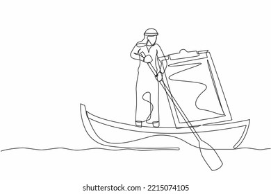 Single one line drawing of Arabian businessman sailing away on boat with clipboard. Delivery worker with checklist and ship. Shipping documents. Continuous line draw design graphic vector illustration