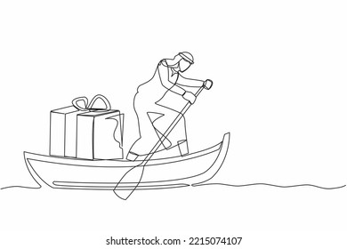 Single one line drawing Arabian businessman sailing away on boat with gift box. Year-end prizes for outstanding employees. Appreciation from company. Continuous line design graphic vector illustration