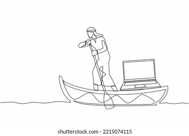 Single one line drawing Arabian businessman sailing away on boat with laptop computer. Freelancer work or creative manager doing remote work at ship. Continuous line design graphic vector illustration