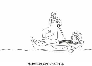 Single one line drawing Arabian businessman sailing away on boat with pile of dollar coins. Criminal stole golden coin from bank. Corruption, robber. Continuous line design graphic vector illustration