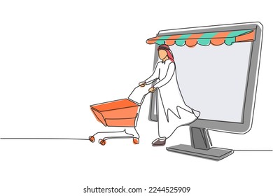 Single one line drawing Arabian man coming out of canopy monitor screen pushing a shopping cart. Digital lifestyle consumerism concept. Modern continuous line draw design graphic vector illustration