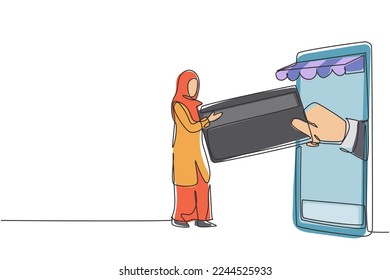 Einfach eine Linie ziehende arabische Frau, die Kreditkarte in den Canopy-Smartphone-Bildschirm einsteckt und von Hand akzeptiert wird. Digitales Zahlungskonzept. Modern-Stetig-Liniendesign, Vektorgrafik