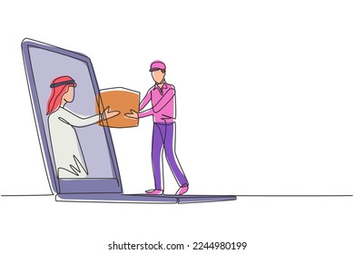Dibujo de una sola línea El cliente árabe recibe el paquete en caja, a través de la pantalla de un portátil del mensajero masculino. Servicio de entrega en línea. Ilustración de líneas continuas moderna de diseño gráfico vectorial