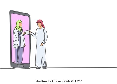 Dibujo de una sola línea: paciente árabe que recibe receta de una doctora con hijab en un smartphone. Consulta médica en línea. Ilustración de líneas continuas moderna de diseño gráfico vectorial