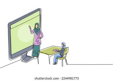 Una sola línea dibujando a una profesora árabe parada frente a la pantalla del monitor sosteniendo un libro y enseñando a las estudiantes del hiyab sentadas en bancos alrededor de la mesa. Ilustración vectorial gráfica de diseño