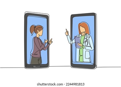 Single one line drawing Arabian male doctor comes out of smartphone screen while explaining infectious disease. Online medical concept. Modern continuous line draw design graphic vector illustration