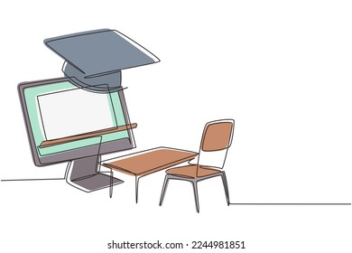 Single one line drawing Arabian male patient sitting curled up on sofa, using blanket, holding mug and there is male doctor walking out of smartphone, holding clipboard. Modern continuous line draw