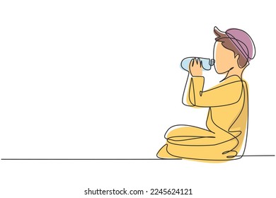 Single one line drawing Arabian boy sitting while enjoying a bottle of fresh milk to fulfill his body nutrition. Child health and growth. Modern continuous line draw design graphic vector illustration