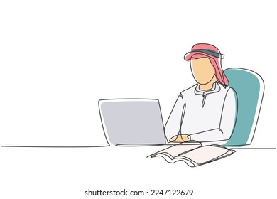 Single one line drawing Arabian man studying with laptop and open book. Back to school, intelligent student, online education concept. Modern continuous line draw design graphic vector illustration