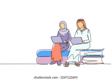 Single one line drawing Arabian couple with laptop sitting on pile of books together. Freelance, distance learning, online courses, studying. Continuous line draw design graphic vector illustration