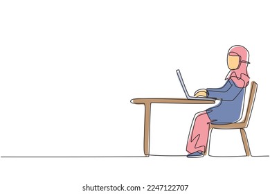 Single one line drawing Arabian girl with laptop sitting on chair around desk. Distance learning, online courses, and studying concept. Modern continuous line draw design graphic vector illustration