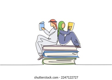 Single one line drawing Arabian students woman and man reading, learning and sitting on big books. Study in library. Literature fans or lovers. Continuous line draw design graphic vector illustration