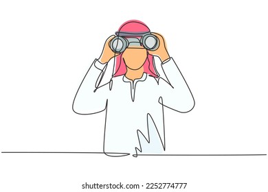 Una sola línea dibujando a un empresario árabe buscando trabajo a través de prismáticos. Encuentre todas las oportunidades en el mundo de empleos adecuados. Ilustración gráfica de diseño de trazos de línea continua