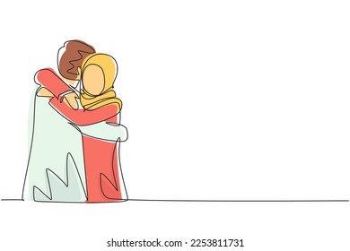 Eine einzige Linie ziehendes arabisches Mädchen umarmt Junge mit Lächeln. Fröhlicher Mann umarmt und umarmt Frau. Mehrere Dating-Zeichen. Fröhliches Familienkonzept. Modern robuster Strich-Strich-Strich-Strich-Vektorgrafik