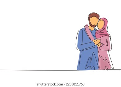 Una sola línea dibujando el abrazo de hombre y mujer árabe. Feliz concepto familiar. Pareja en relación en amor. Un hombre feliz abrazando a su pareja. Ilustración gráfica de diseño de trazos de línea continua