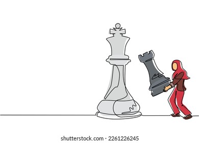 Single one line drawing Arabian businesswoman holding rook chess to beat king chess. Strategic planning, business development strategy, tactics in entrepreneurship. Continuous line draw design vector