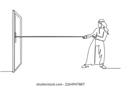 Eine einzige Linie, die arabische Geschäftsmann ziehen Seil ziehen, um Tür zu ziehen, Metapher für große Probleme. Geschäftskämpfe. Stärke für den Erfolg. Grafische Vektorgrafik für kontinuierliche Zeilenzeichnung